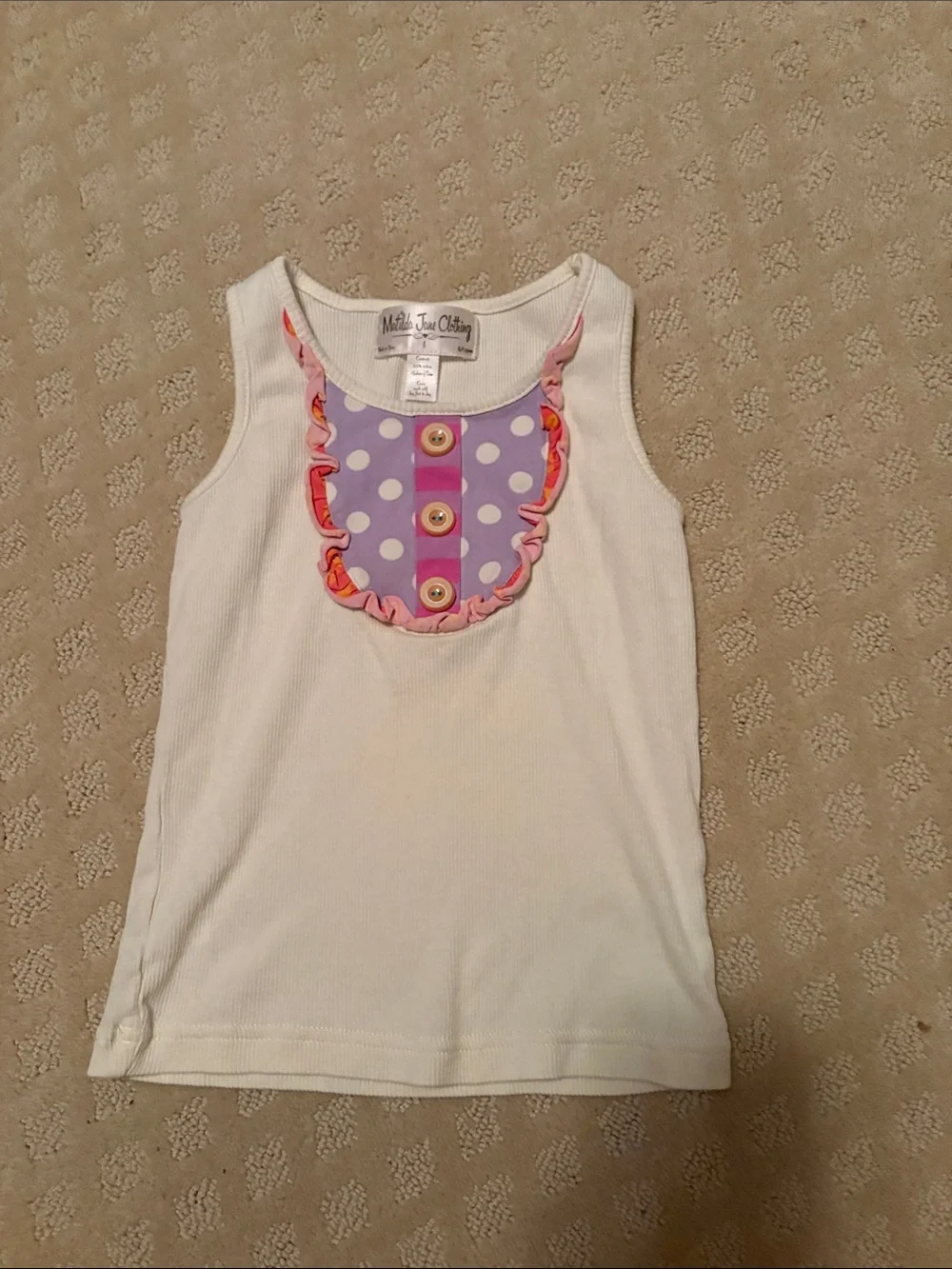 Matilda Jane White Tank with Lavender Polka-Dot Bib and Pink Trim